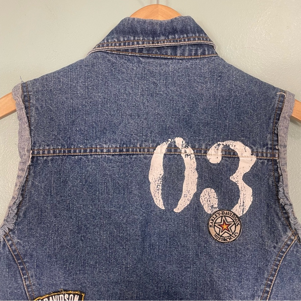Harley Davidson Denim Jean Vest Button Blue Patches Size Large 14/16 - Picture 4 of 7